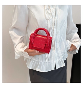 Detail of red crocodile pattern mini handbag with silver chain and top handle