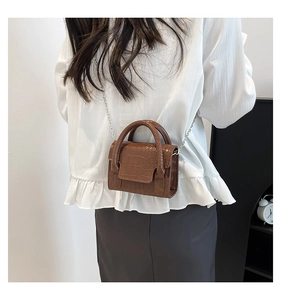 Brown crocodile pattern mini handbag with silver chain strap worn by a model