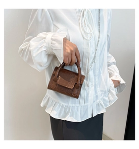 Detail of brown crocodile embossed mini handbag with silver metal chain on model