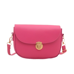 Hot pink saddle crossbody bag with lychee grain leather and golden metal clasp buckle