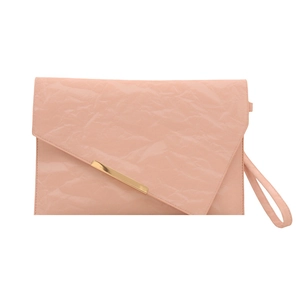Chic pink envelope clutch bag with pleated texture and gold metal bar accent