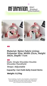 Detailed dimensions of pink and white cat ear backpack with adjustable straps