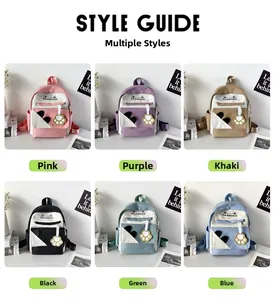 Mini canvas backpacks for students shown in six pastel colors with cute cat ear details