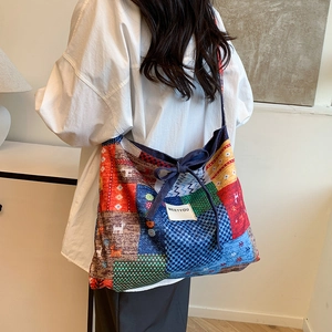 Ethnic patchwork tote bag with deer pattern and large capacity canvas design for women