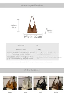 Detailed size chart and specifications for the large vintage PU leather tote bag