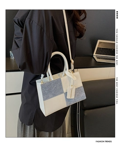 Detail of color-block crossbody bag with checkered wool fabric and office lifestyle scene