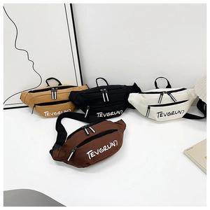 Detailed view of casual crossbody saddle bags in four colors with letter print details