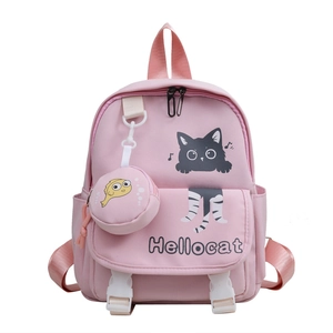 Zaino rosa per bambini con motivo a gatto e ciondolo a forma di pesce carino