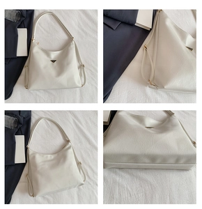 Detailed views of a white leather tote bag featuring a metal triangle logo and textures