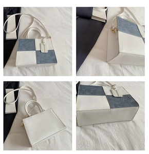 Detailed views of a four-grid contrast crossbody bag in white PU and blue denim fabric