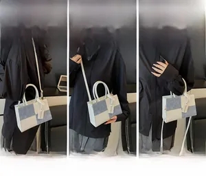Three-way carry style for contrast denim tote bag: shoulder, crossbody and handbag view