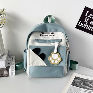 Cute Cat Ears Nylon Backpack Women Contrast Color High Capacity Student School Bag With Paw Charm Lightweight Casual Travel Bag
