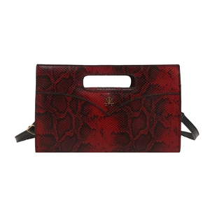 Fashionable red and black snake print handbag with metal logo and adjustable shoulder strap