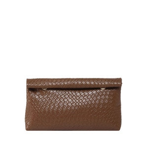 Brown woven leather large clutch bag with minimalist folded design and metal hardware
