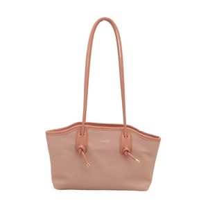 Pink woven tote bag with FASHION logo and long handles for daily commuter women