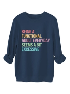 Detail of navy sweatshirt showing functional adult slogan and ribbed sleeve cuffs texture