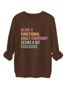 Detail of warm brown cotton sweatshirt with colorful slogan print and ribbed cuffs