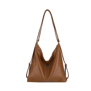Brown leather tote bag with litchi texture and metal triangle logo shown on white background