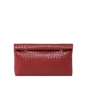 Red woven envelope clutch bag with Intrecciato pattern and metallic ring buckle detail