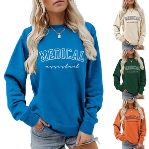 Detail view of Medical Assistant print on crewneck sweatshirts in various trendy colors