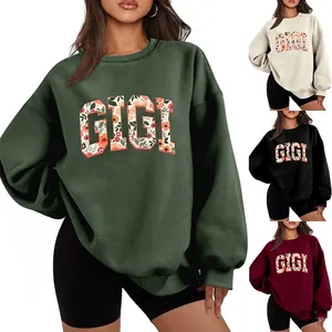Sweatshirt Femme Manches Longues Col Rond Imprimé Floral Lettre GIGI Coupe Ample Doublé Polaire Pullover Décontracté Mélange Coton