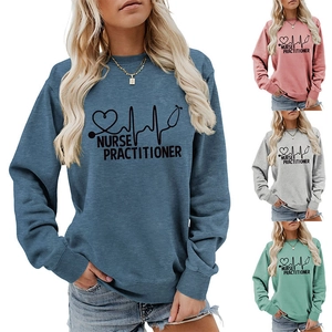 Detail of Nurse Practitioner print with stethoscope heart on casual crewneck sweatshirt