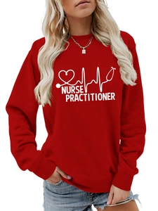 Close-up of nurse practitioner heart stethoscope print on red crewneck sweatshirt