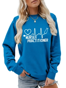 Detail of blue crewneck sweatshirt with white Nurse Practitioner graphic and ribbed cuffs