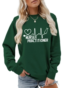 Close-up of Nurse Practitioner theme graphic on dark green crewneck sweatshirt fabric