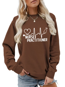 Close-up of Nurse Practitioner lettering and stethoscope heart print on cocoa sweatshirt