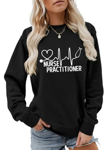 Close-up of nurse practitioner heart graphic and stethoscope print on black sweatshirt