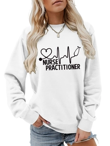 Close-up of Nurse Practitioner print on a white crewneck sweatshirt for women