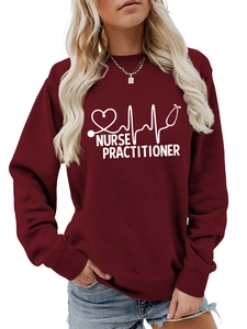 Close-up of ribbed cuffs and Nurse Practitioner heart print on burgundy sweatshirt