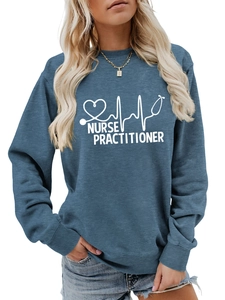 Detail of Nurse Practitioner print with stethoscope icon on navy crewneck sweatshirt