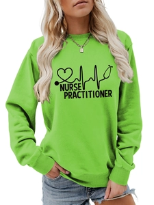 Green Nurse Practitioner sweatshirt detail with stethoscope heartbeat print and ribbed cuffs