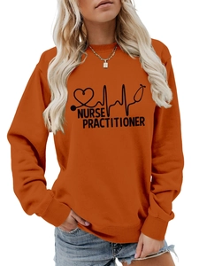 Detail of orange Nurse Practitioner sweatshirt featuring stethoscope and heartbeat graphic