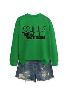 Detail of green nurse practitioner sweatshirt with stethoscope heart print and denim shorts