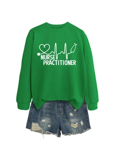 Close-up of nurse practitioner green sweatshirt and ripped denim shorts outfit