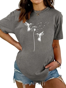 Detail von Löwenzahn und zwei Vögeln Druck auf dunkelgrauem Damen-T-Shirt aus Baumwolle