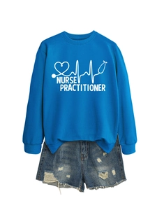 Detail of blue Nurse Practitioner sweatshirt with stethoscope print and frayed denim shorts