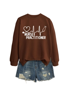 Detail of Nurse Practitioner print with stethoscope heart on brown cotton sweatshirt