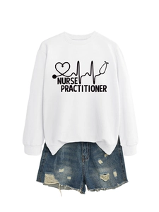 Close-up of Nurse Practitioner sweatshirt with stethoscope art and denim shorts