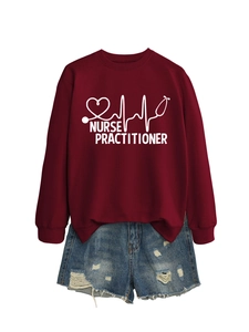 Detailed flat lay of maroon nurse practitioner sweatshirt and distressed denim shorts