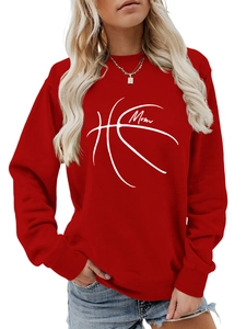 Detail view of red crewneck sweatshirt with white basketball line art and Mom lettering