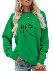 Detail of green long sleeve sweatshirt with black basketball graphic and Mom lettering