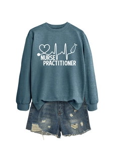Detail of blue-grey round neck sweatshirt with Nurse Practitioner heartbeat medical print