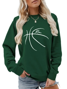 Detail of white basketball and Mom script print on dark green long sleeve sweatshirt