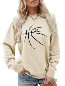 Detail of basketball Mom print on apricot crewneck sweatshirt with high-quality screen printing