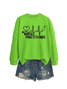 Detail view of neon green Nurse Practitioner sweatshirt with rib-knit cuffs and stethoscope print