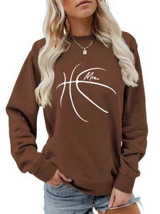 Detail of dark brown sweatshirt featuring white basketball line art and Mom lettering